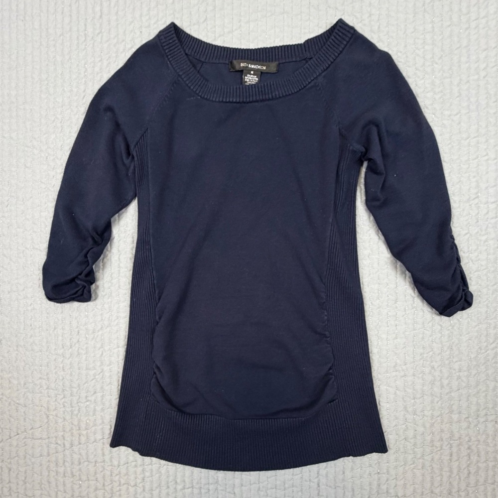 89th & Madison Womens Navy Blue Scoop Neck 3/4 Sleeve Ribbed Knit Top Medium